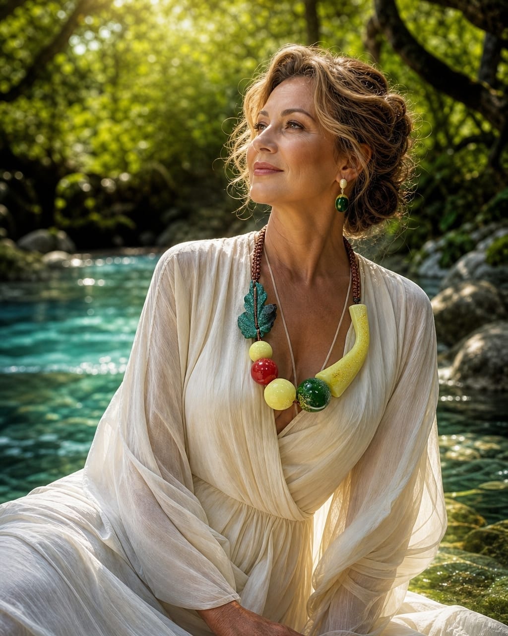 Mulher de vestido claro com colar de esferas coloridas e folha em resina